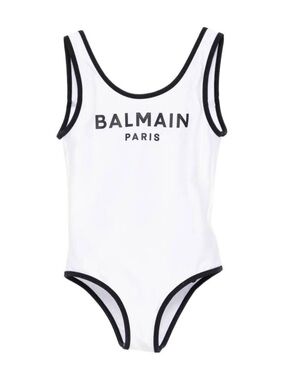Balmain White Logo Swimsuit with Black Trim
